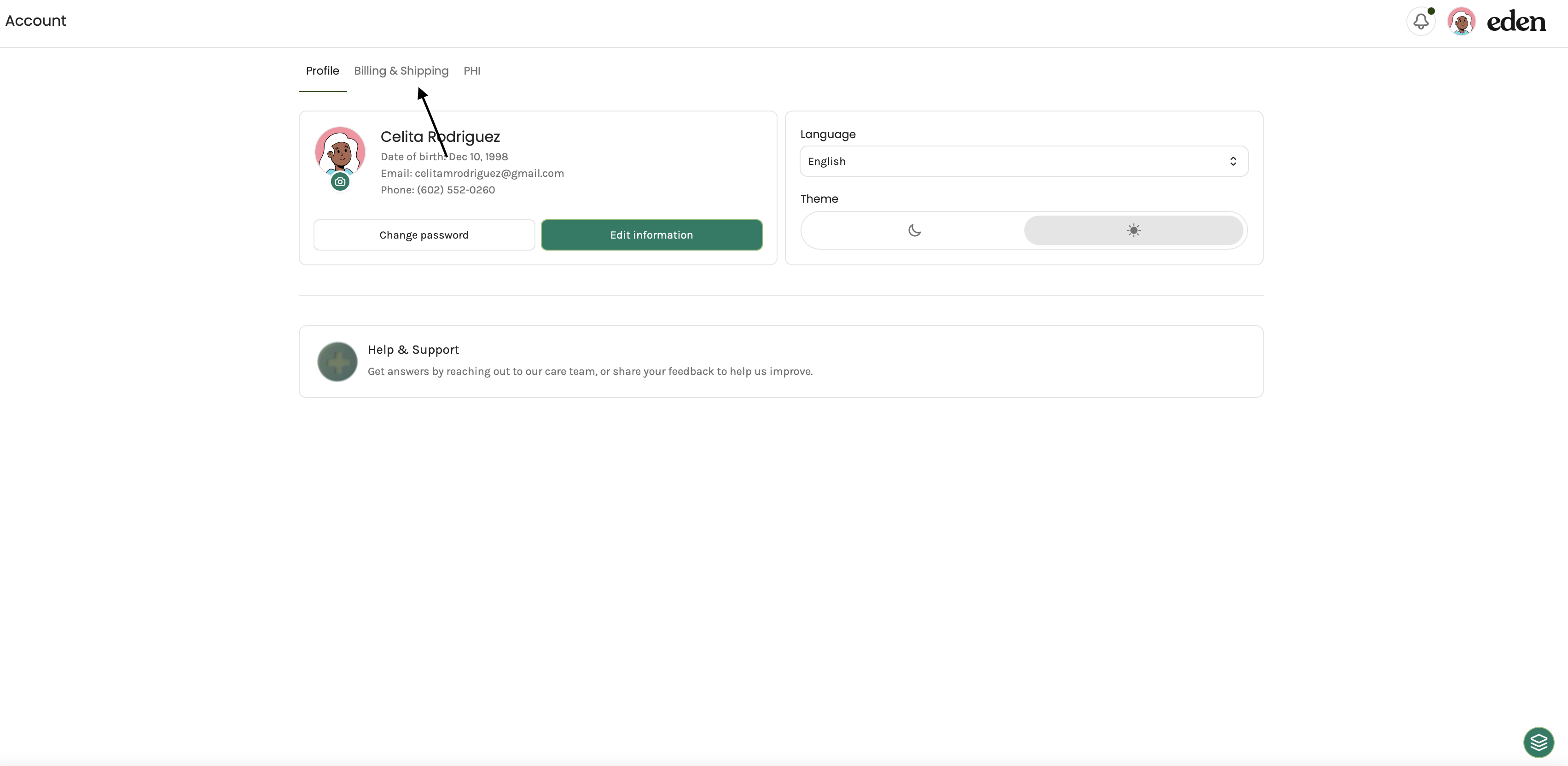 Billing and Shipping section in the Eden Member Portal