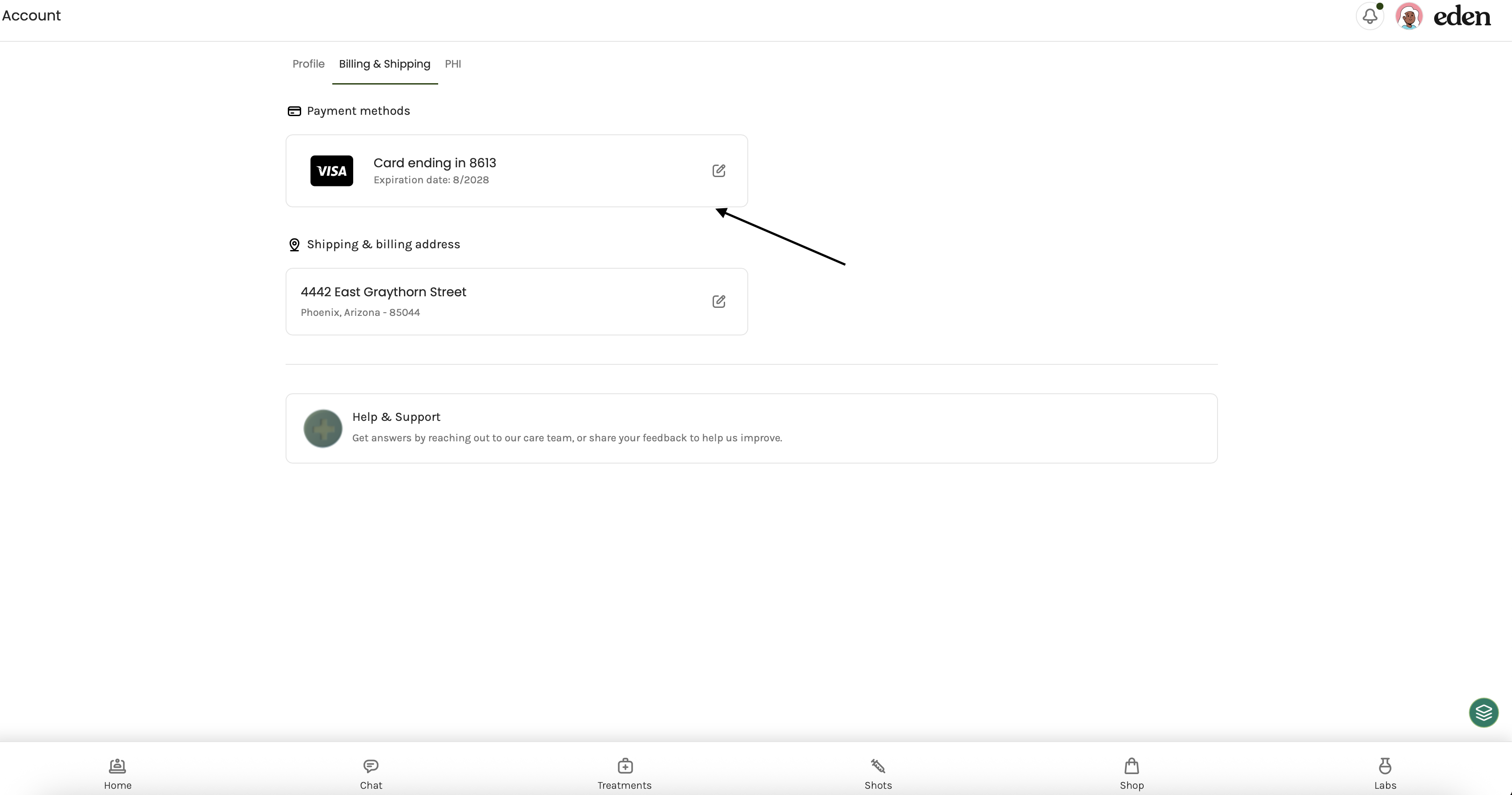Edit payment method control in the Eden Member Portal